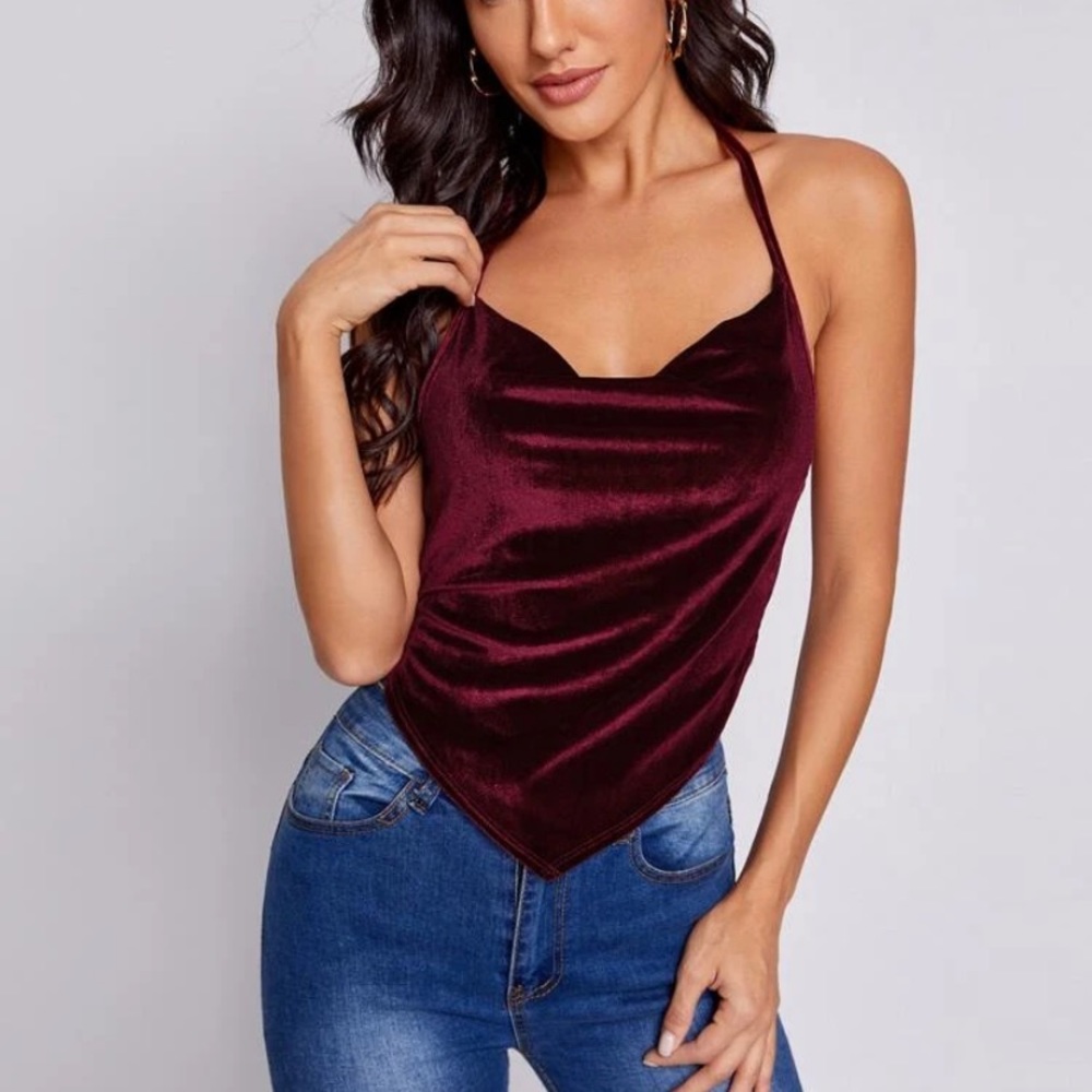 Draped Neck Hanky Hem Tied Back Velvet Halter Top